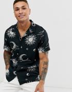 New Look Viscose Revere Collar Shirt In Black Sun And Moon Print - Black