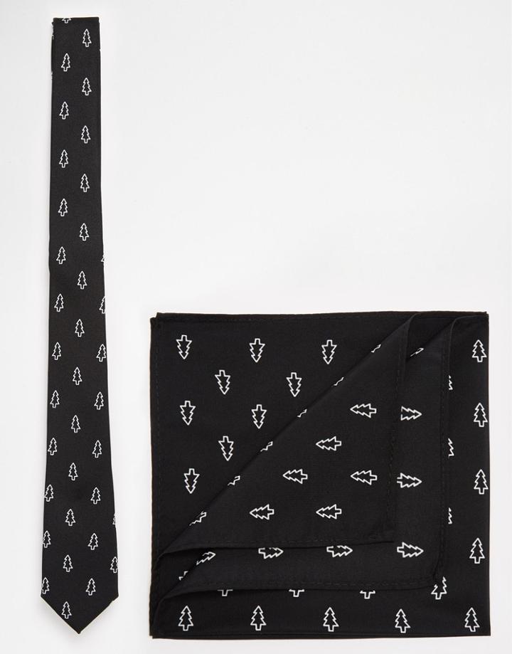 Asos Holidays Tie And Pocket Square Pack In Tree Print - Black