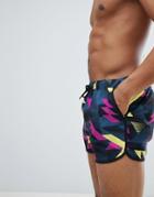 Asos Design Runner Swim Shorts With Retro Print In Short Length - Purple