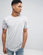 Only & Sons Longline T-shirt With Curved Hem And Raglan Printed Sleeve - Gray