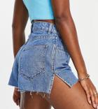 Asyou Fluted Split Hem Denim Short In Mid Blue