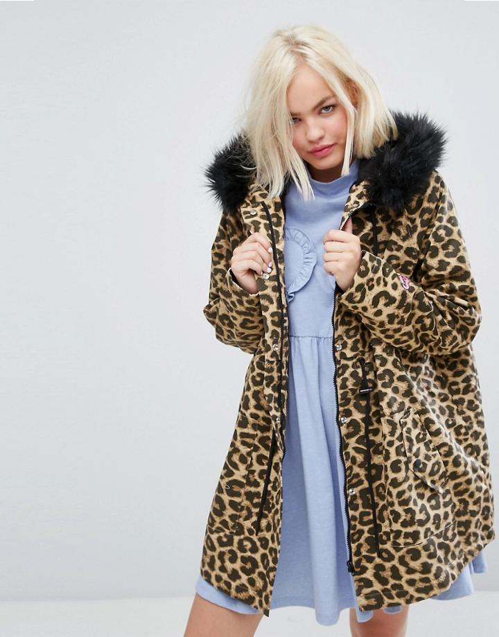 Lazy Oaf Oversized Parka Jacket In Purrfect Leopard Print - Multi