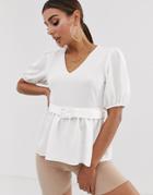 Asos Design Short Sleeve V Neck Tea Blouse With Buckle Detail-white
