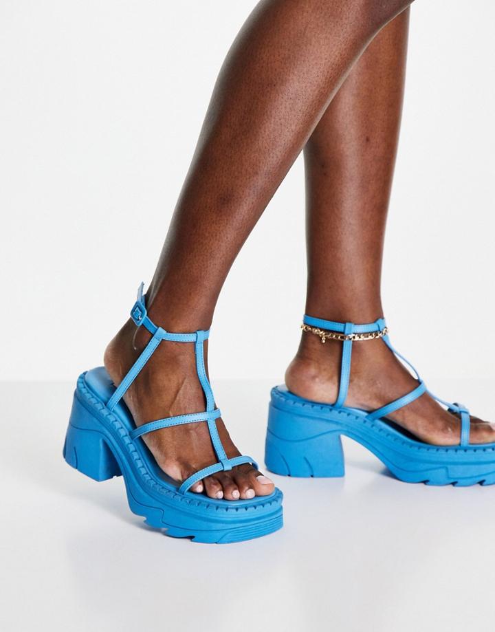 Topshop Wes Premium Leather Chunky Heeled Strippy Sandal In Blue