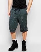 Asos Mid Length Shorts With Rips In Dark Gray - Dark Gray