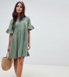 Asos Design Petite Cotton Slubby Frill Sleeve Smock Dress - Green