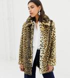 Warehouse Faux Fur Coat In Leopard Print - Brown