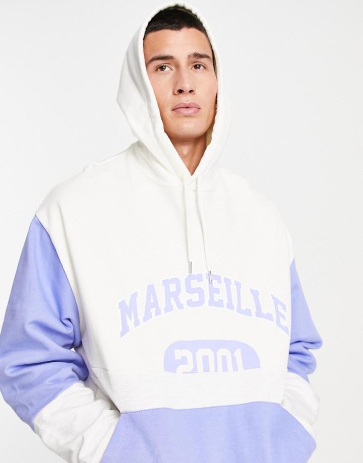 Asos Design Oversized Hoodie In Colour Block With Spliced Collegiate Print-blues