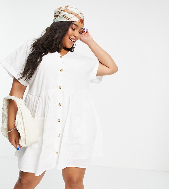 In The Style Plus X Stacey Solomon Button Through Mini Skater Dress With Pockets In White