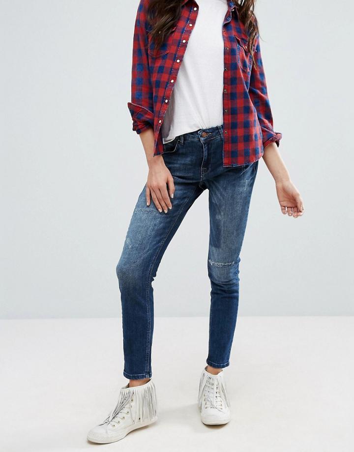 Only Slouchy Jeans With Ripped Knee In Dark Wash - Blue