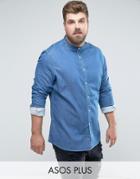 Asos Plus Skinny Denim Shirt With Grandad Collar In Mid Wash - Blue