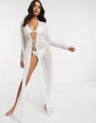 Asos Design Tie Front Maxi Beach Kimono In Silver White Metallic Stripe