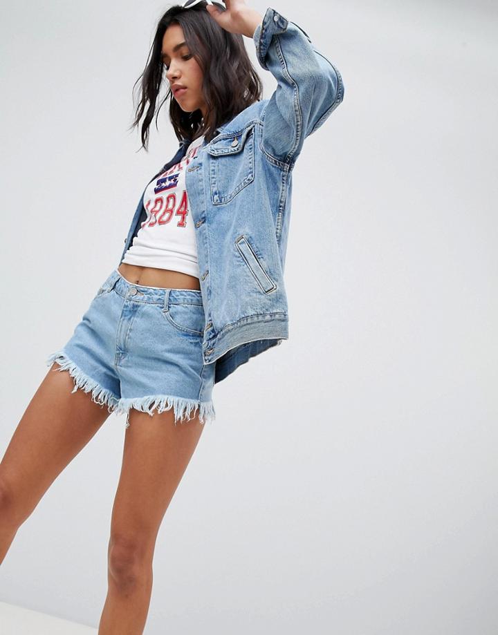 Missguided High Waisted Fray Hem Denim Shorts - Blue