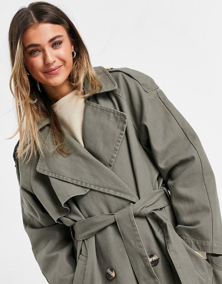 Asos Design Canvas Trench Coat In Gray-grey