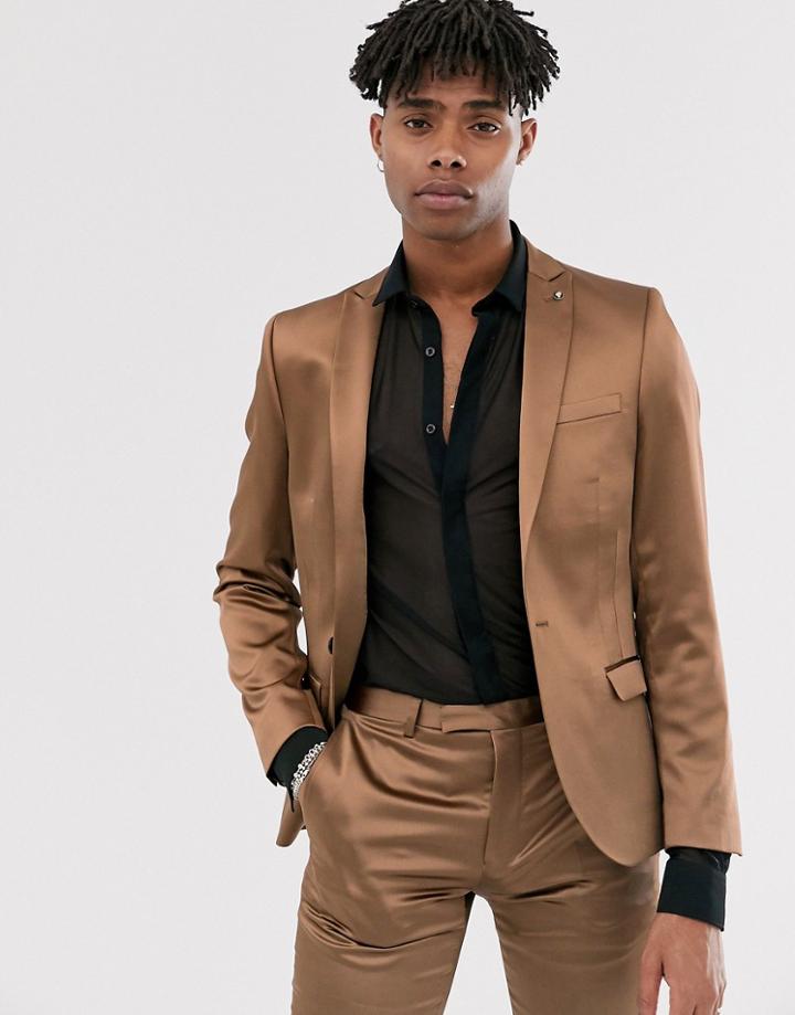 Twisted Tailor Super Skinny Sateen Suit Jacket In Bronze-tan