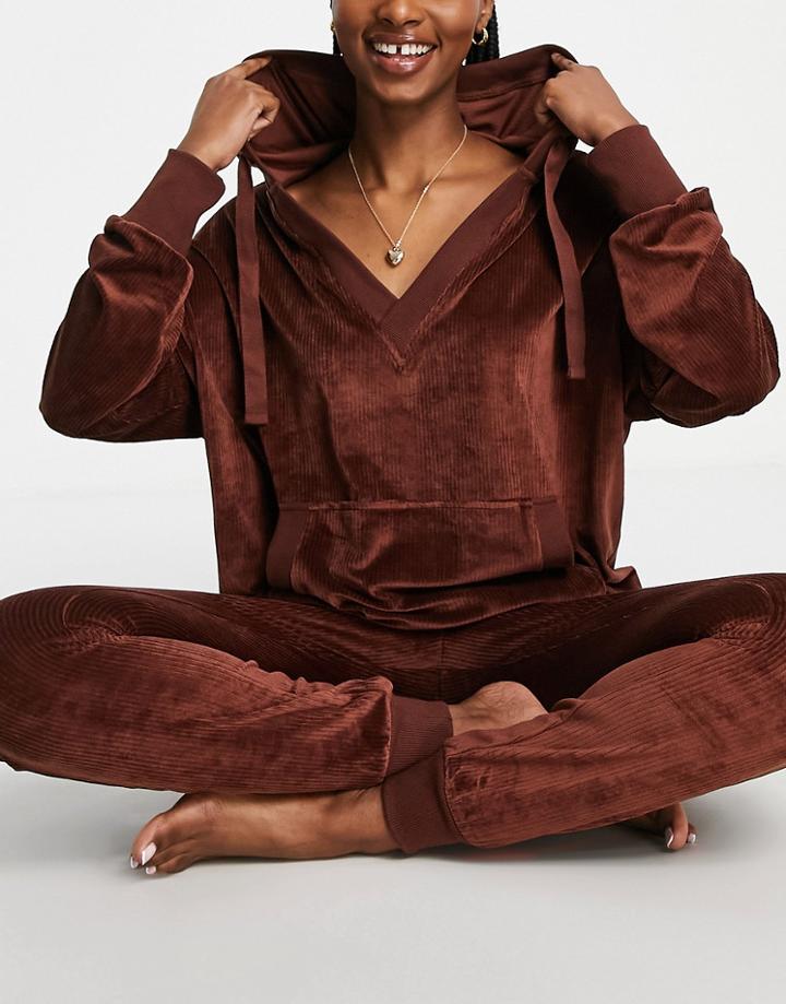 Asos Design Lounge Velour Open Neck Sweat & Legging Set In Chocolate-multi