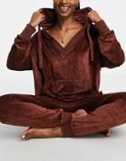 Asos Design Lounge Velour Open Neck Sweat & Legging Set In Chocolate-multi