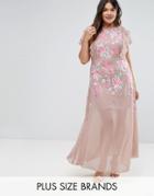 Frock And Frill Plus Rose Embellished Maxi Dress With Ruffle Sleeve - Pink