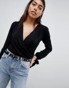 Asos Design Long Sleeve Tie Cuff Wrap Daywear Body - Black