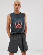 Asos Design Organic Cotton Relaxed Fit Tank With Dropped Armhole And Peace Print In Bleach Wash-black