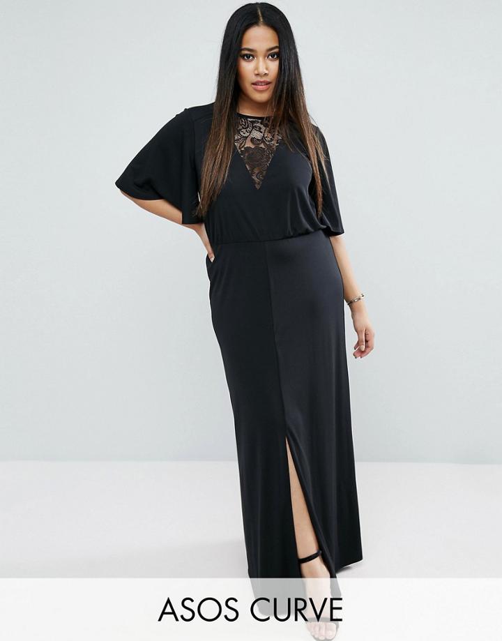 Asos Curve Kimono Sleeve With Lace Insert Maxi Dress - Black
