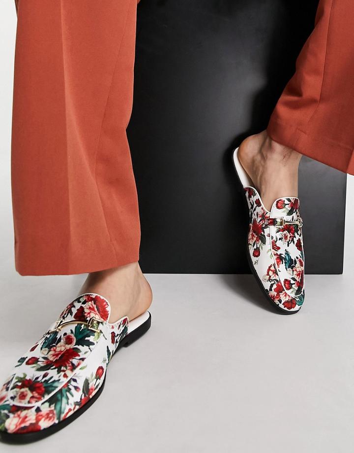 Asos Design Backless Mule Loafer In White Floral Design