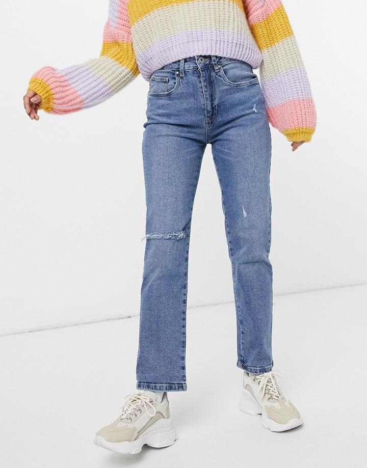 Cotton: On Straight Stretch Jeans In Blue With Rips-blues