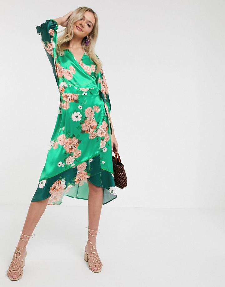 Liquorish Satin Kimono Midi Dress In Mixed Green Floral