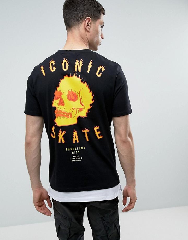 Asos Super Longline T-shirt With Skull Back And Chest Print And Extended Hem - Black