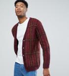 Asos Tall Fluffy Oversized Cardigan In Burgundy Check - Red