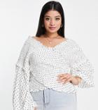 Vero Moda Curve Shirred Cross Front Top With Blouson Sleeve In Polka Dot-white