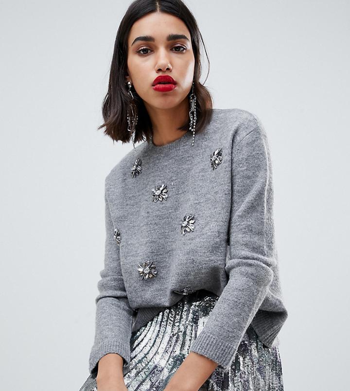 Mango Embellished Wool Blend Sweater In Gray