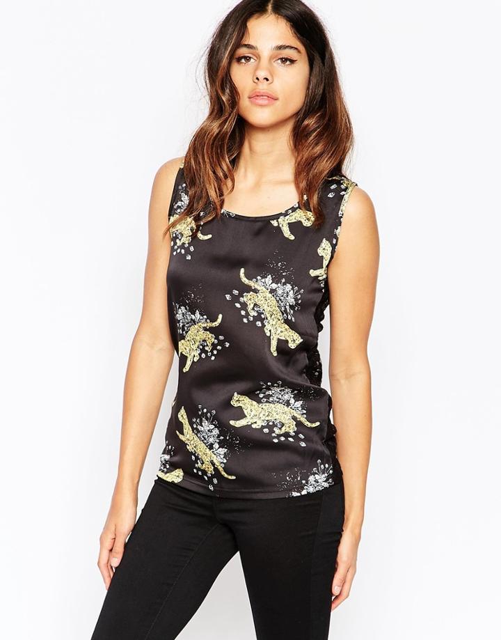 Pussycat London Top With Lace Back In Cheetah Print - Black