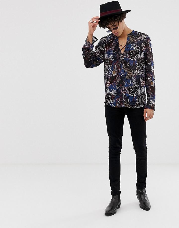 Asos Design Regular Fit Shirt In Paisley With Lace Up Front-navy