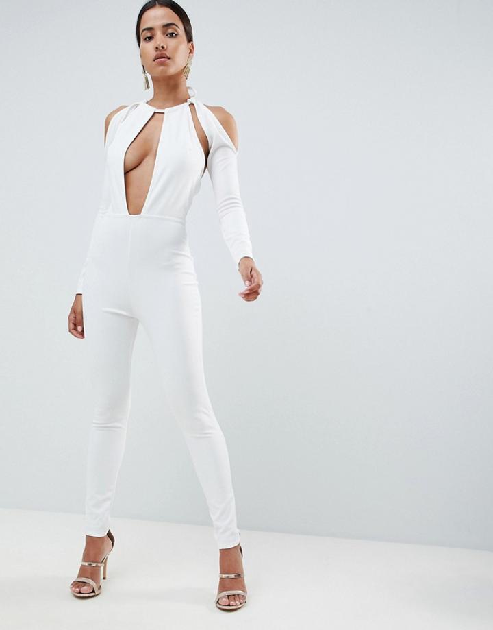 In The Style Sarah Ashcroft Cut Out Plunge Jumpsuit - White