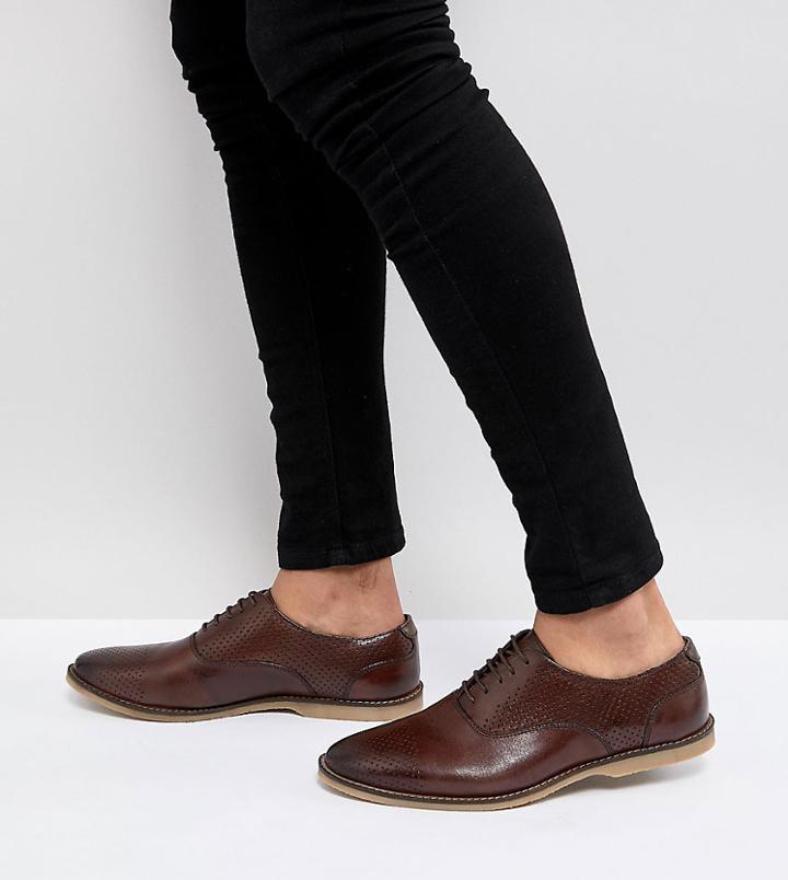 Asos Wide Fit Casual Lace Up Shoes In Tan Leather With Perforation Detail - Tan