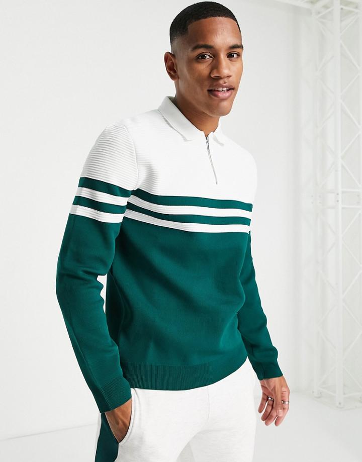 River Island Ottoman Block Knit Polo In Green