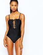 Missguided Eyelet Front Bandeau Swimsuit - Black