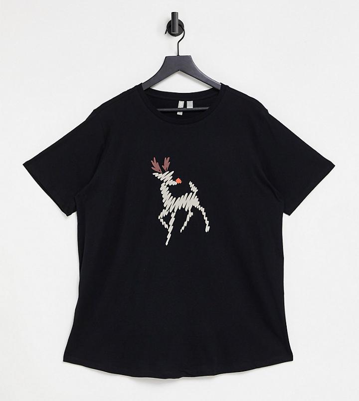 Asos Design Curve Christmas T-shirt With Sketchy Reindeer In Black