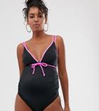 Asos Design Recycled Maternity Plunge Braid Detail Swimsuit In Black And Neon Pink