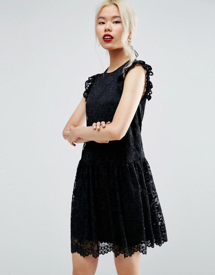 Asos Dropped Waist Lace Dress - Black