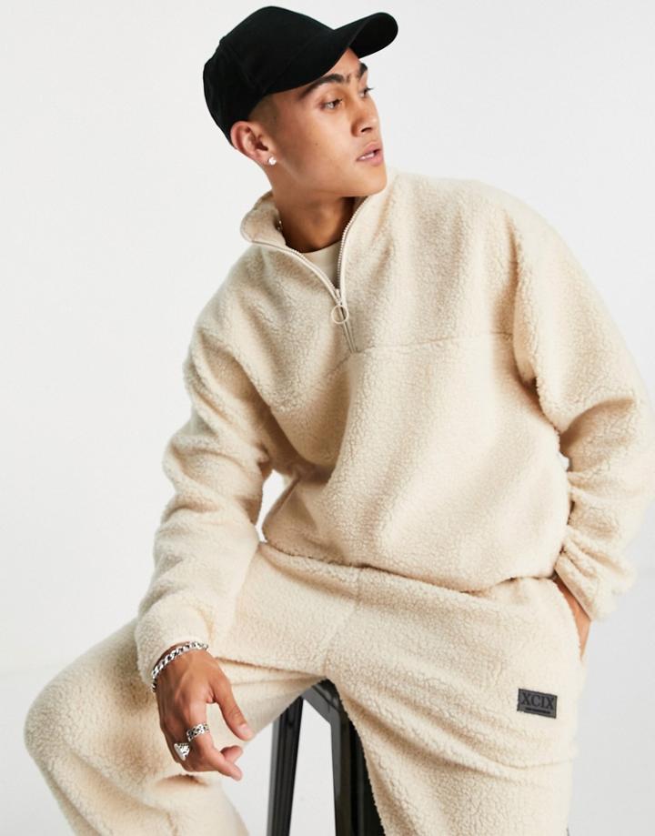 Asos Design Oversized Shearling Half Zip Sweatshirt In Off-white - Part Of A Set-neutral