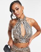 Asos Design Satin Keyhole Halter Top In Zebra Print - Part Of A Set-multi