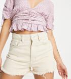 Stradivarius Petite Denim Short With Frayed Hem In Ecru-white