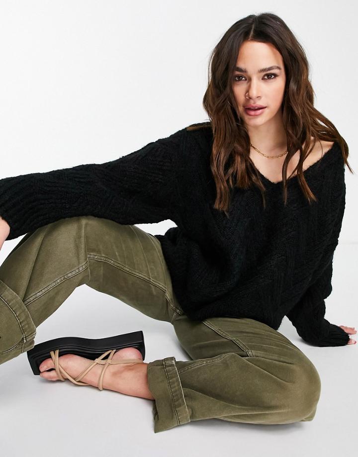 Topshop Knitted Stitchy V Neck Sweater In Black
