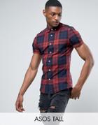 Asos Tall Stretch Slim Check Shirt In Burgundy - Red