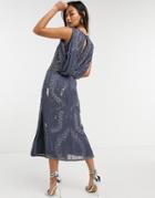 Asos Design Drape Back Embellished Midi Dress-blues