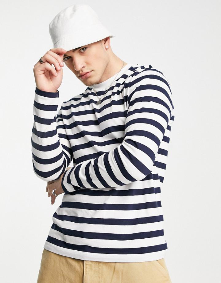 Asos Design Long Sleeve Stripe T-shirt In Navy And White