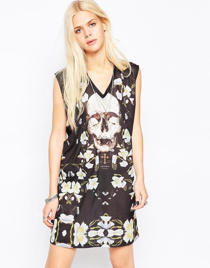 Religion Blossom Skull Print Shift Dress - Black