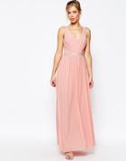Jarlo V Neck Maxi Dress In Chiffon With Embellished Waist - Rosebud Pink